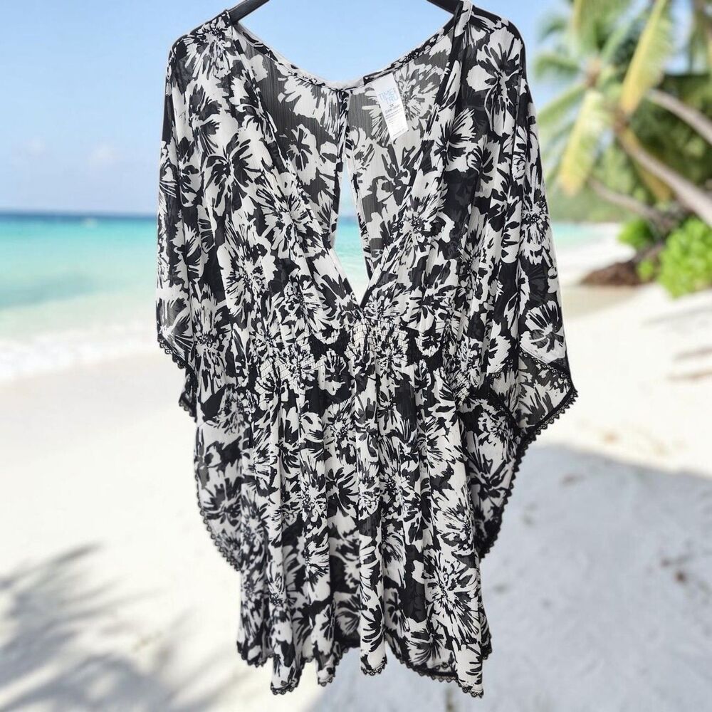 Time and True Swim Cover-up Womens 3XL Black White Floral Sheer Dolman Sleeves
